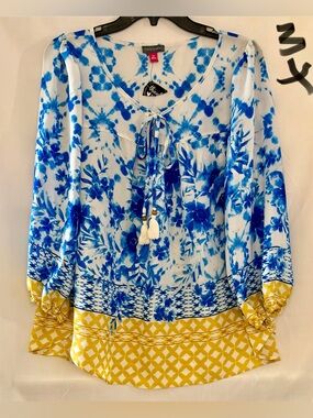 Vince Camuto White Tunic with Blue Floral Print and Yellow Border Trim